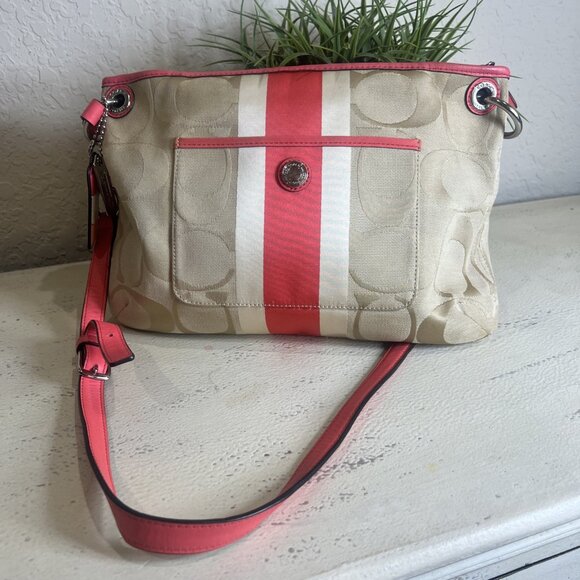 Coach Handbags - Coach Hampton (2012) Weekend Signature Stripe Zipper Closure Shoulder Bag